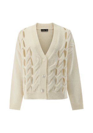 Ecru-farbenes, gestricktes Cardigan mit V-Ausschnitt, das ein strukturiertes Zopfmuster und vier Knöpfe auf der Vorderseite aufweist. Weicher, kuscheliger Stoff.