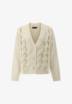 Cardigan lavorato a maglia color crema con scollo a V, caratterizzato da un motivo a trecce texturizzate e quattro bottoni sul davanti. Tessuto morbido e accogliente.