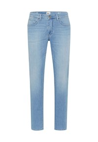 Jeans en denim bleu clair avec une coupe droite, un design à cinq poches et une fermeture à bouton. Texture douce avec une finition délavée.