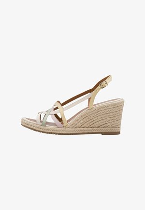 Wedgesandel met een gestructureerde espadrilles-zool. Voorzien van meerkleurige bandjes in pastelkleuren en een verstelbare enkelriem met gesp.