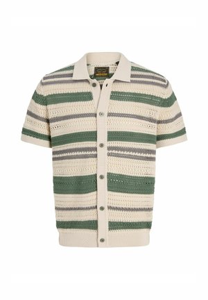 Cardigan en maille à manches courtes avec ouverture à boutons sur le devant, rayures horizontales dans des tons crème, vert et gris, avec col et motif texturé.
