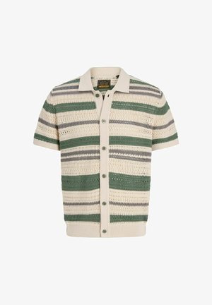 Cardigan en maille à manches courtes avec ouverture à boutons sur le devant, rayures horizontales dans des tons crème, vert et gris, avec col et motif texturé.