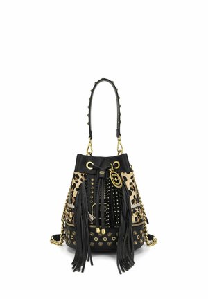 Borsa secchiello nera con stampa leopardata, borchie dorate, nappine, occhielli e manico superiore fissato con fermagli dorati.