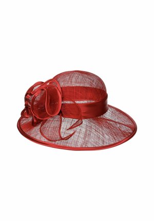 Roter breitkrempiger Hut aus durchsichtigem Mesh-Material, mit einem Satinband und einer dekorativen Schleife mit Schlaufen an der Seite. Translucente Textur.