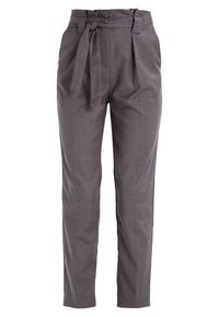 Šedé elegantní kalhoty s vysokým pasem a detailem na zavazování. Mají hladkou texturu a tapered střih nohavic. Vhodné pro formální i volnočasové nošení.