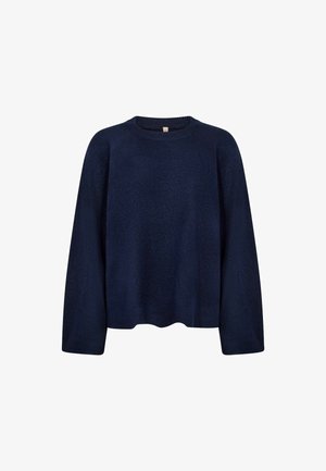 Jersey de cuello redondo de manga larga azul marino con puños y dobladillo acanalados, exhibido sobre un fondo blanco.