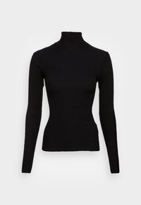 Svart ribbade polotröja med långa ärmar, tillverkad av ett mjukt material med en figursydd design och hög krage.