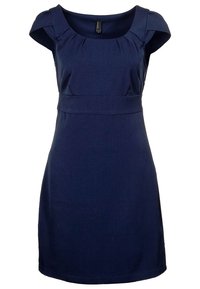 Tummansininen mekko, jossa on lyhyet hihat, pyöreä kaula-aukko ja pääntien laskokset. Sileä rakenne ja polvimittainen malli.