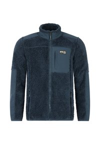 Fleecejack in donkerblauw met een ritssluiting aan de voorkant, hoge kraag en een gestructureerde stoffen body. Voorzien van zijzakken en een borstzak met logo.