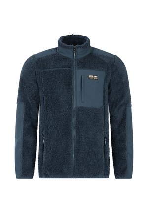 Fleecejack in donkerblauw met een ritssluiting aan de voorkant, hoge kraag en een gestructureerde stoffen body. Voorzien van zijzakken en een borstzak met logo.