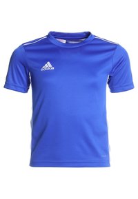 Blue athletic shirt made of polyester, features short sleeves, crew neck, white accent stripes on shoulders, and Adidas logo on chest.