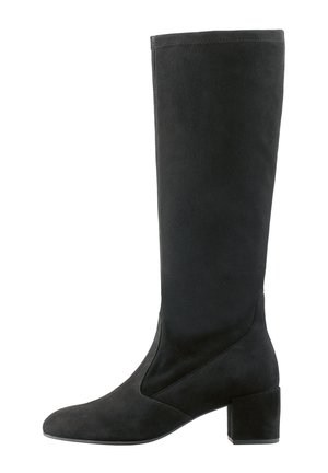 Black suede knee-high boot with block heel, rounded toe, and minimal stitching detail, shown in profile on white background.