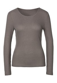 Langärmliges, Rundhalsoberteil in einem mittleren Grau mit gerippter Textur. Es bietet eine taillierte Silhouette mit glatten Nähten und einem weichen Finish.