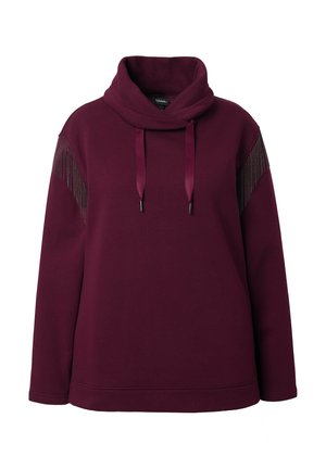 Pullover bordeaux con collo a cowl e cordino. Presenta dettagli metallici sulle spalle e maniche lunghe. Tessuto morbido.