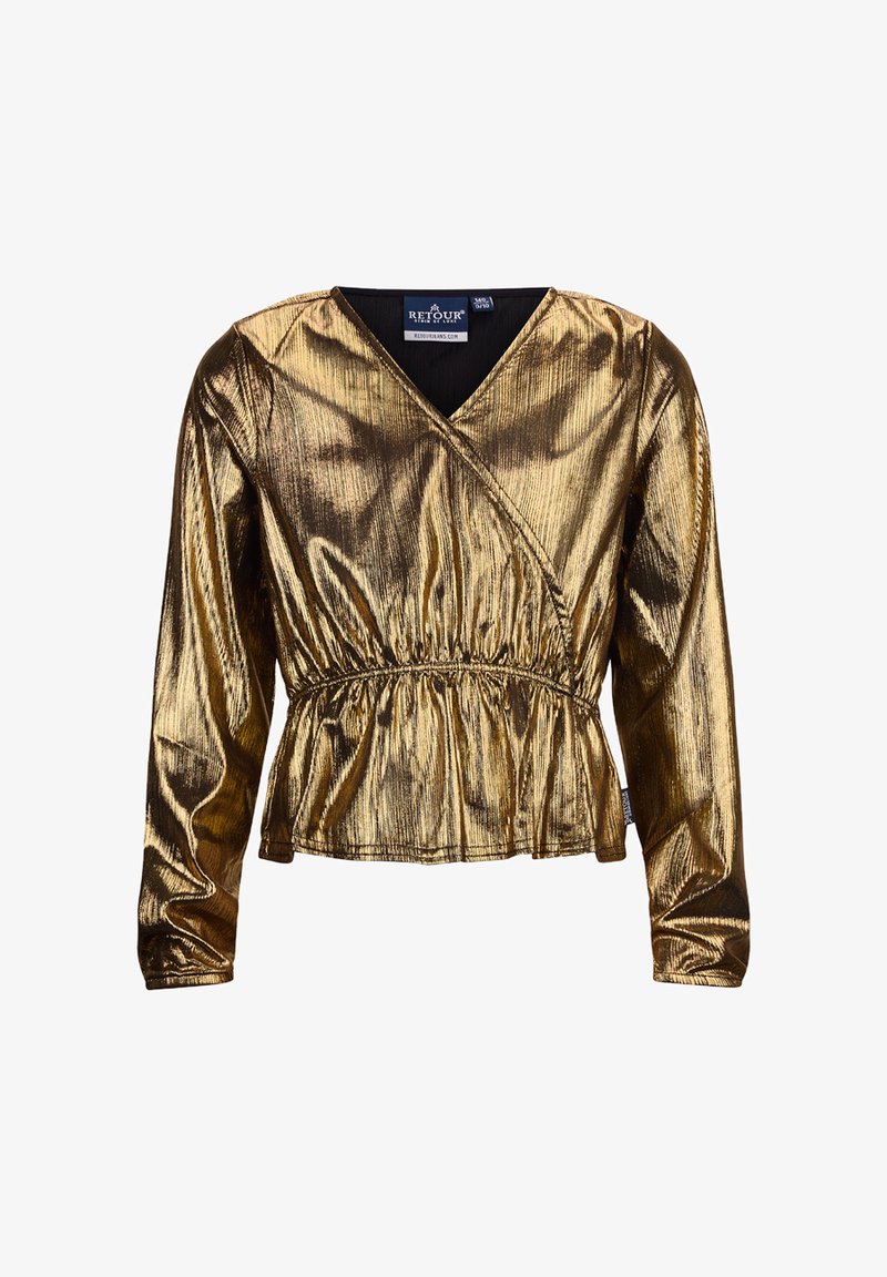 Top lungo a maniche con scollo a V in oro metallico, con un gather in vita; finitura testurizzata con strisce verticali. L'etichetta è visibile all'interno.