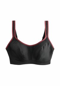 Zwarte sportbeha met een gestructureerd zwart paneel aan de voorkant. Contrasterende bordeauxrode afwerking langs de banden en de halslijn. Inclusief verstelbare banden.