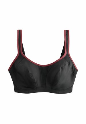 Crna sportska bralette s teksturiranim crnim panelom sprijeda. Kontrastni bordo obrub duž naramenica i izreza vrata. Uključene su podesive naramenice.
