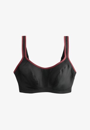 Crna sportska bralette s teksturiranim crnim panelom sprijeda. Kontrastni bordo obrub duž naramenica i izreza vrata. Uključene su podesive naramenice.