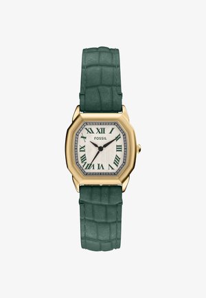 Vierkantig horloge in goudkleur met groene Romeinse cijfers, witte getextureerde wijzerplaat en groene leren band met krokodillenpatroon.