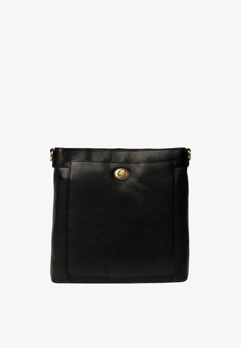 Borsa a mano in pelle nera con una texture liscia, forma rettangolare, manico superiore singolo e una tasca frontale con chiusura a scatto in ottone.