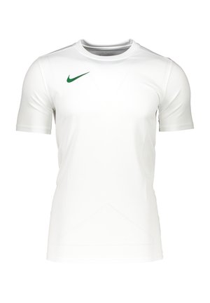 Witte sportshirt met korte mouwen en ronde hals, gemaakt van een gladde stof. Kenmerkt zich door een klein groen Nike-logo op de linkerkant van de borst en een geometrisch patroon.