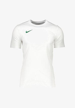 Witte sportshirt met korte mouwen en ronde hals, gemaakt van een gladde stof. Kenmerkt zich door een klein groen Nike-logo op de linkerkant van de borst en een geometrisch patroon.