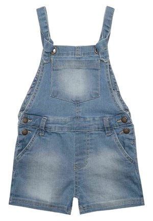 Niebieskie krótki ogrodniczki z denimu z regulowanymi ramiączkami na ramiona, przednią kieszenią na piersi, bocznymi kieszeniami oraz zapięciami na guziki na pasku.