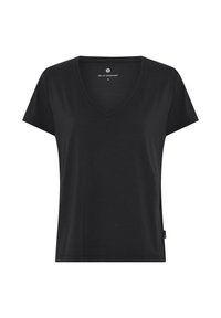 Sort kortermet t-shirt med V-hals, lavet af blødt stof, med en almindelig pasform og et lille logo-tag på sidefugen.