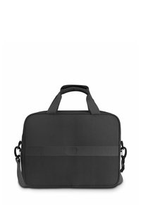 Bolsa de portátil negra con forma rectangular, tela texturizada, doble asa y correa de hombro ajustable. Diseño minimalista sin logotipos visibles.