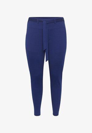 Laivastonsiniset housut, joissa on sileä pinta, vyötärönauha, istuva malli ja etutaskut. Ei näkyvää metallia.