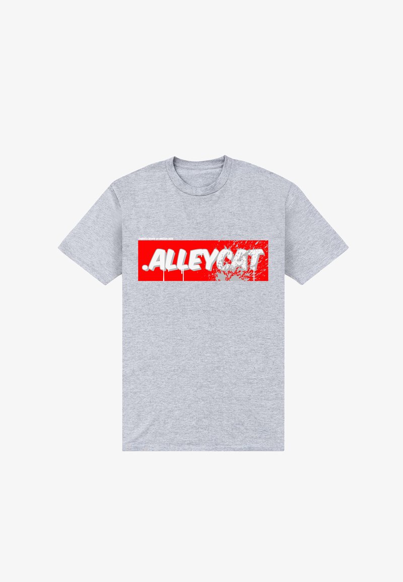 Šedé bavlněné tričko s výraznou červenou obdélníkovou grafikou s textem " ALLEYCAT " v bílém. Krátké rukávy a kulatý výstřih.