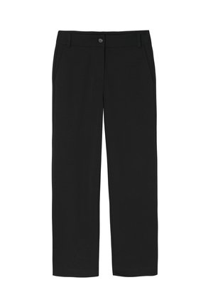 Pantalon noir en tissu doux, avec une coupe droite, fermeture à bouton et poches latérales pour plus de praticité.