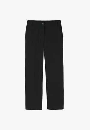 Black trousers made of soft fabric, featuring a straight-leg design, button closure, and side pockets for utility.