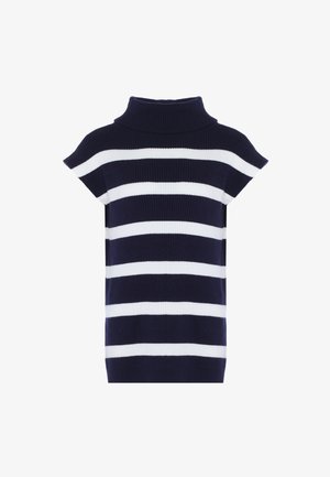 Marineblå og hvid stribet striktrøje med høj krave, korte ærmer og ribbet tekstur, der har vandrette striber.