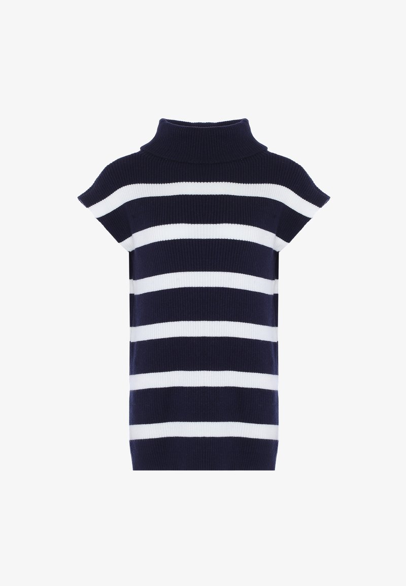 Navyblau- und weiße gestreifte Strickjacke mit hohem Kragen, kurzen Ärmeln und gerippter Struktur, die horizontale Streifen aufweist.