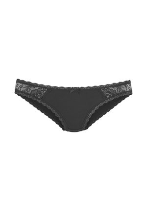 Schwarze Panties mit Spitzenrand und gewelltem Saum sowie einem kleinen Schleifendetail auf der Vorderseite, aus weichem Stoff für zusätzlichen Komfort gefertigt.