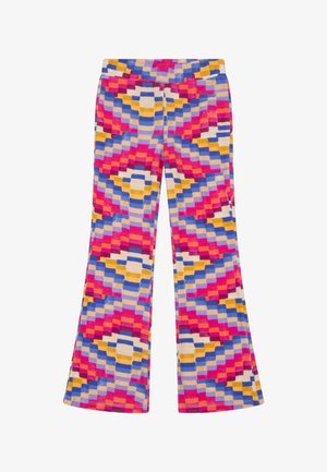 Kleurrijke wijde broek met een geometrisch patroon in roze, geel, blauw en wit. Gemaakt van zachte, getextureerde stof met een elastische tailleband.