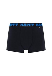 Crne pamučne bokserice s plavom elastičnom trakom koja istaknuto prikazuje riječ "SRETAN". Glatka tekstura i prilagođen dizajn.