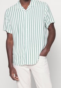 Korte mouwen overhemd met knopen in lichtgroene en witte verticale strepen, gemaakt van lichtgewicht stof, met een campkraag en een losse pasvorm.