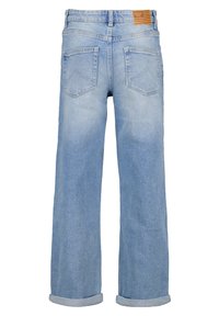 Jeans in denim blu chiaro con gamba ampia e orli arrotolati. Presentano due tasche posteriori e un'etichetta in pelle sulla vita.