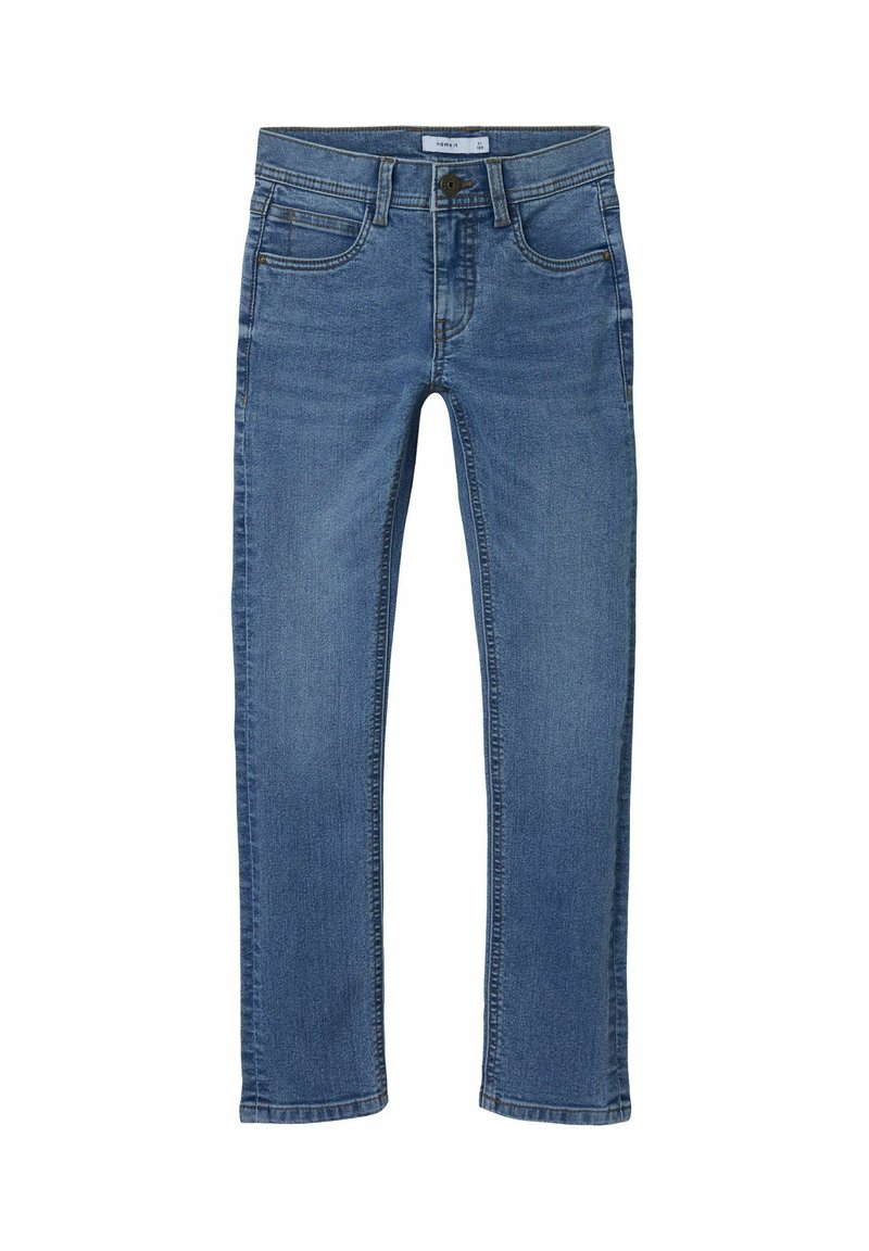 Jean en denim bleu avec une coupe droite, cinq poches et une fermeture éclair. Présente un léger délavage et des coutures contrastantes.