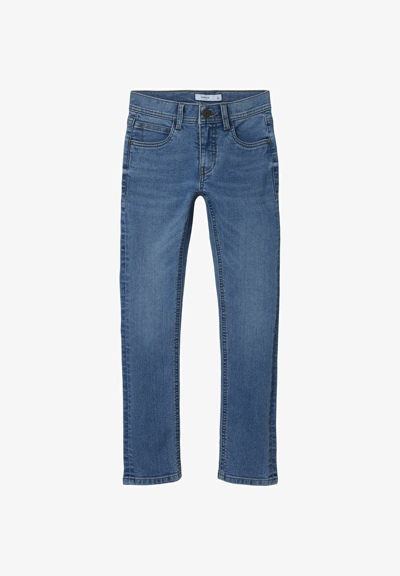 Blue denim jeans with a straight-leg design, five pockets, and a zip fly. Features subtle fading and contrast stitching.
