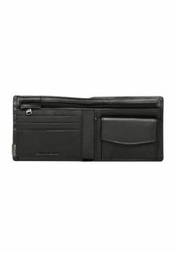 Czarny skórzany portfel z wieloma przegródkami na karty, kieszenią na zamek oraz gładką fakturą. Na powierzchni wytłoczono charakterystyczne logo.