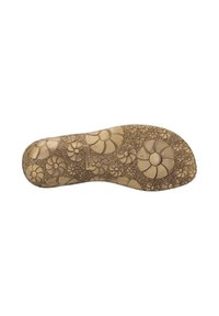 Suela de un zapato con un patrón floral en marrón claro, con una superficie texturizada y con la marca en el lateral.