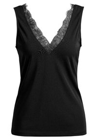 Svart linne med V-ringning. Har en delikat svart spetsdetalj längs halsringningen. Slät textur, ärmlös design.