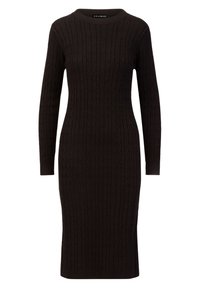Robe noire en tricot avec des manches longues, un col rond et une texture côtelée présentant un motif de tricot en relief, silhouette ajustée.