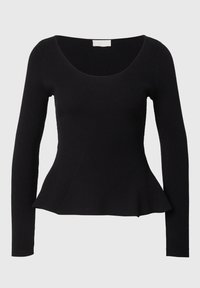 Black long-sleeve ribbed top with a scoop neckline and a flared hem, featuring vertical knit texture and a fitted body.