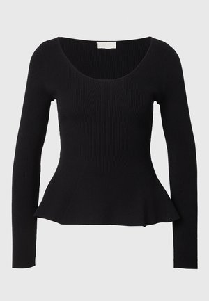 Schwarzes, langärmliges, geripptes Oberteil mit runder Ausschnittlinie und ausgestelltem Saum, das vertikale Strickstruktur und einen figurbetonten Schnitt aufweist.