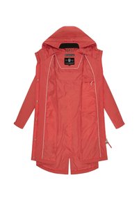 Czerwona długa peleryna przeciwdeszczowa z kapturem, z otwartym przodem, widoczną podszewką, bocznym zamkiem błyskawicznym, napami oraz małą wewnętrzną kieszonką po prawej stronie.