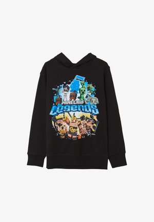Schwarzer Hoodie mit einem bunten Minecraft Legends Grafikdesign, das Charaktere zeigt, pixelartigem Design und einer vorderen Kängurutasche.